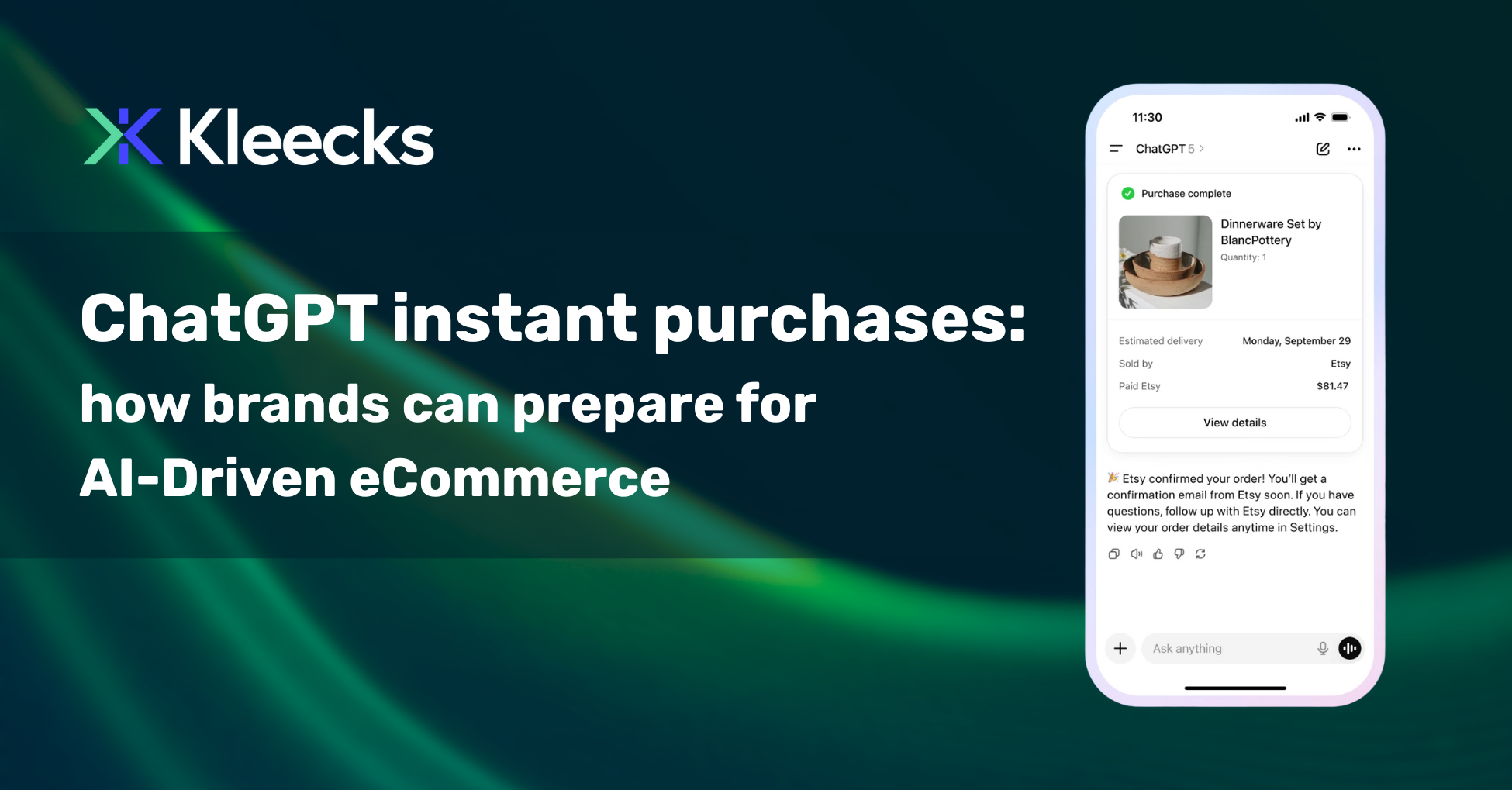 Alt text: Kleecks banner featuring the text 'ChatGPT instant purchases: how brands can prepare for AI-Driven eCommerce' alongside a smartphone displaying an instant purchase confirmation interface.