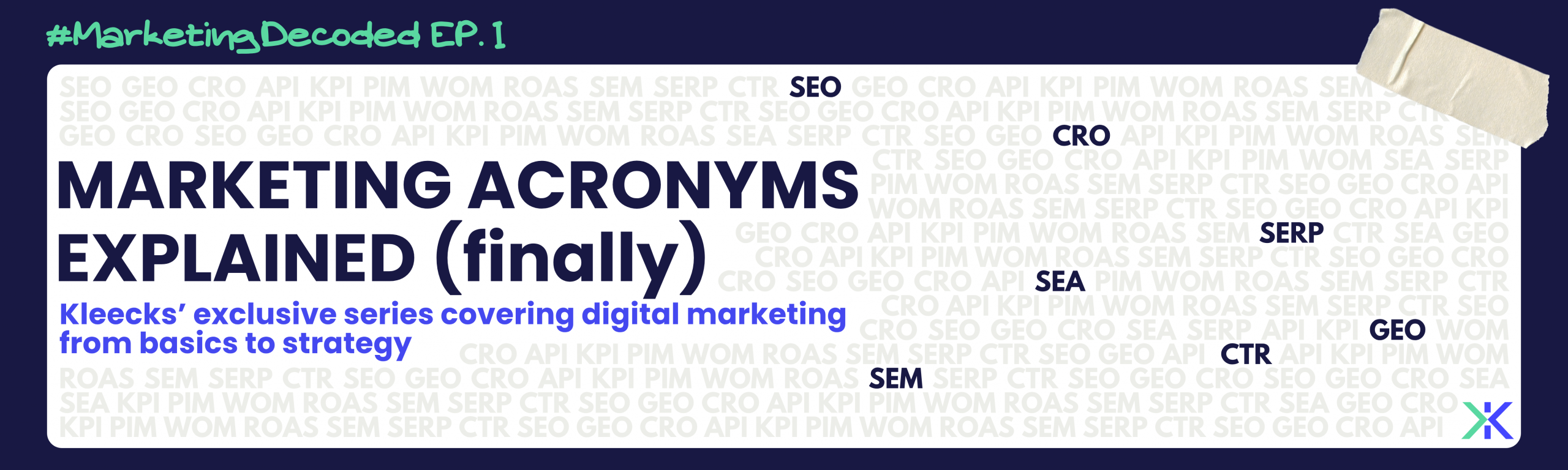 Blue graphic showing all the acronyms of digital marketing and the title of the series "Marketing Decoded ep.1"