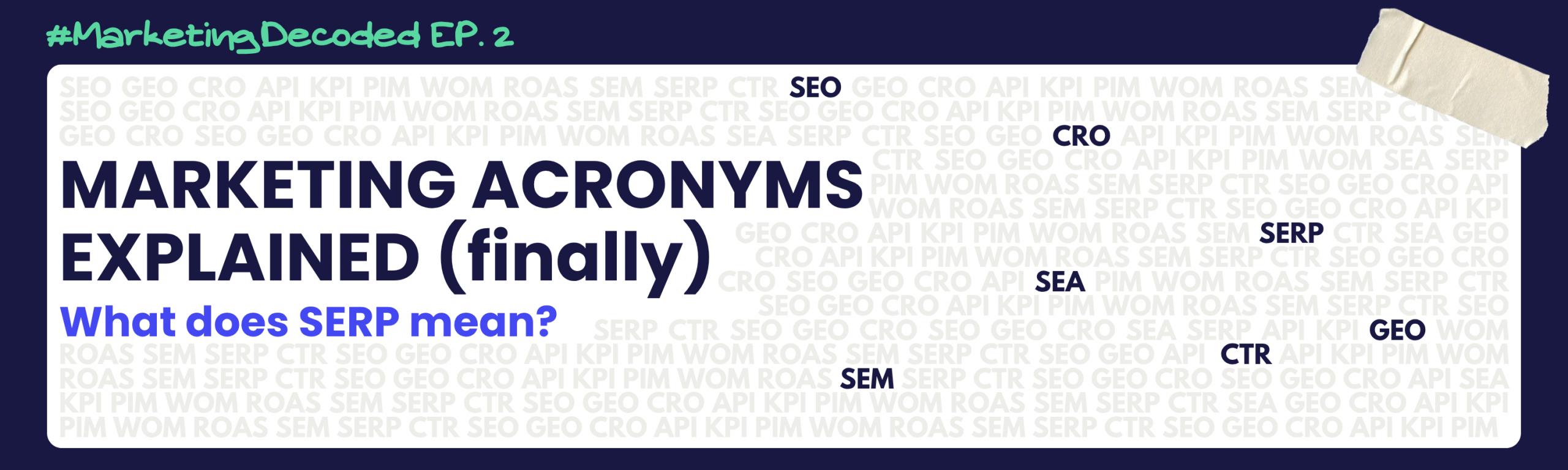 Marketing Decoded EP.2 SERP Stacked white paper icons on a textured background of repeated marketing acronyms, with the title “#MarketingDecoded EP. 3” and the question “What does SERP mean?”